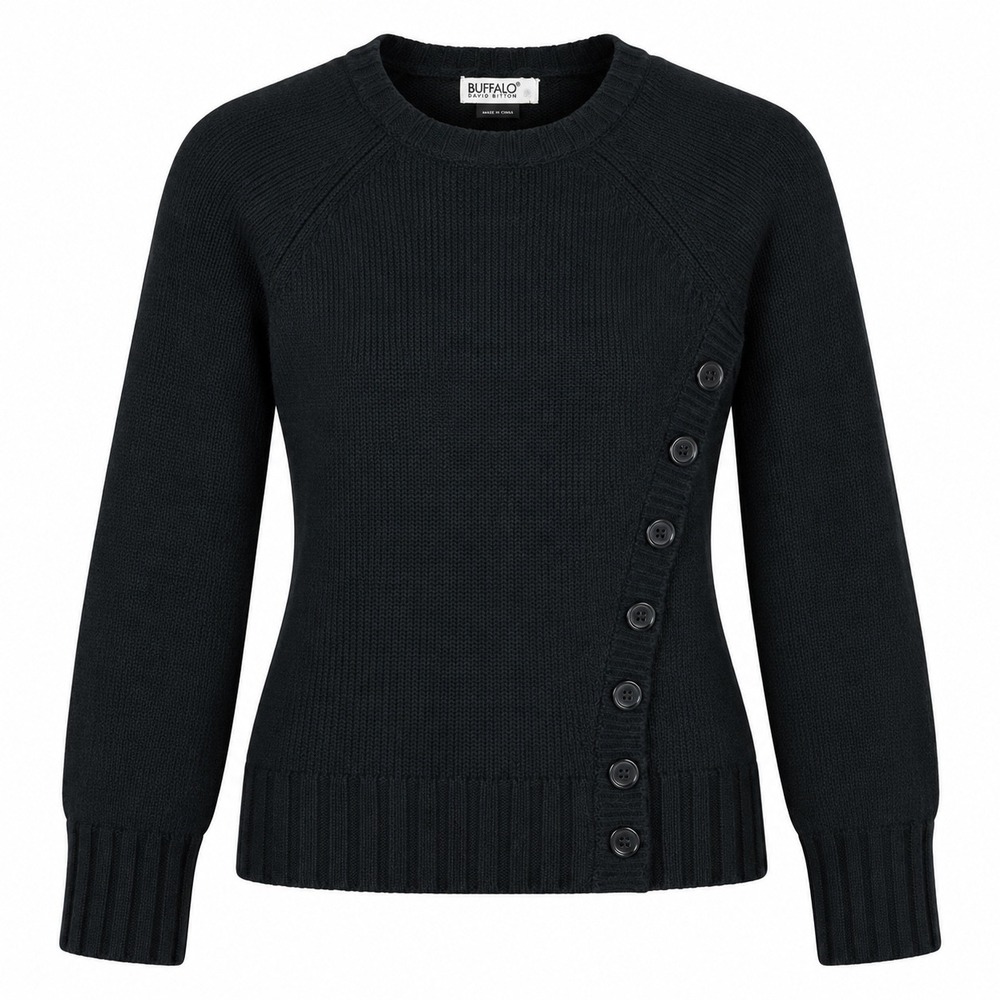 Buffalo Womens Whitney Sweater M Wool Black Asymmetric Button Raglan Pullover